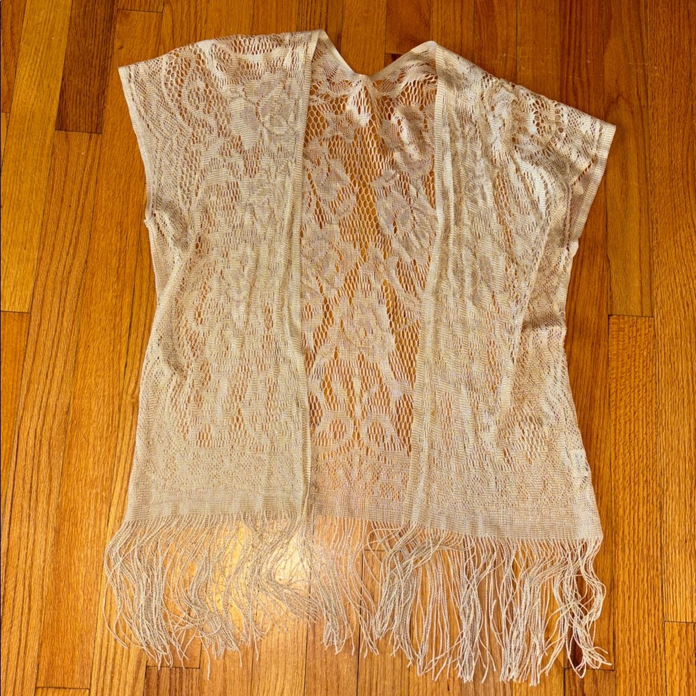 Vintage Cream Beige Lace Fringe Kimono Cardigan - Picture 2 of 5